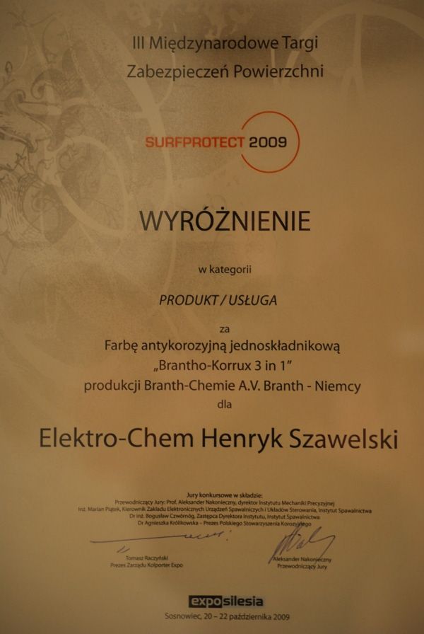 farby antykorozyjna - wyróżnienie SURFPROTECT 2009